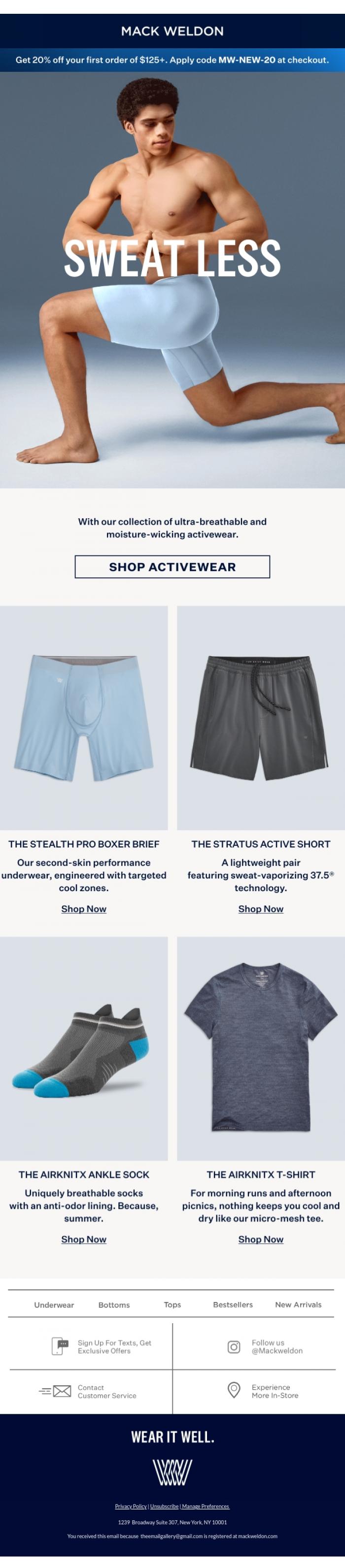 Email Design Inspiration from Mack Weldon, Breezy, anti-odor activewear.