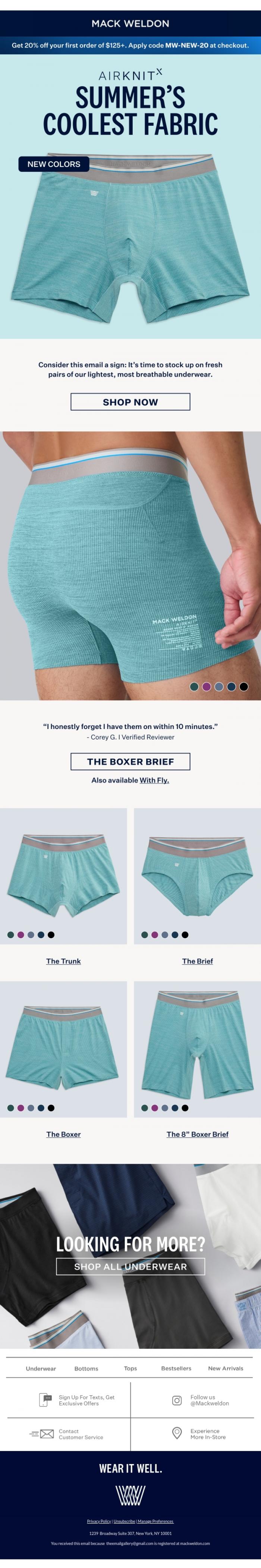 Email Design Inspiration from Mack Weldon, Underwear that fights humidity.