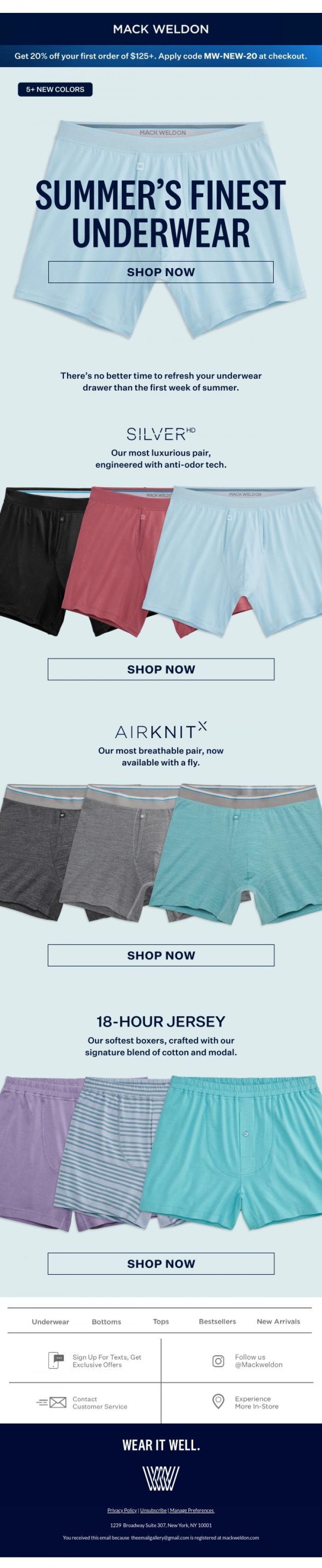 Email Design Inspiration from Mack Weldon, Stock up for summer: new underwear.