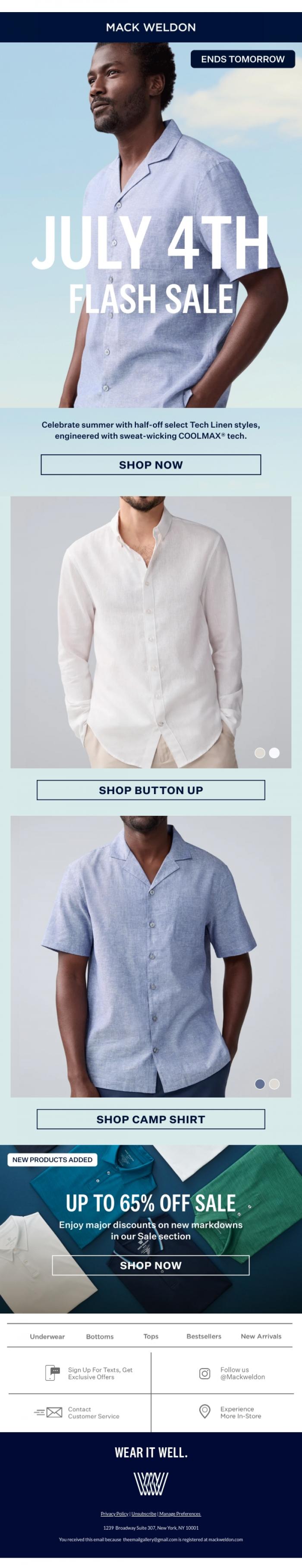Email Design Inspiration from Mack Weldon, FLASH SALE: 50% off select linen styles.