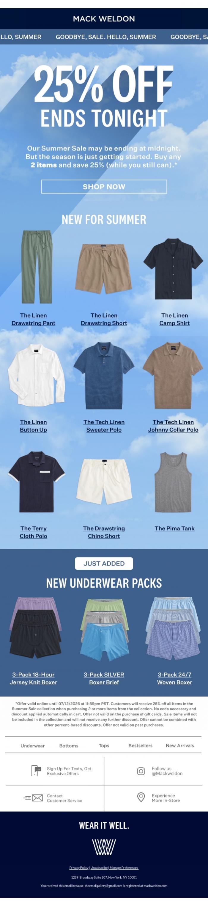 Email Design Inspiration from Mack Weldon, Last chance: 25% off NEW summer styles.