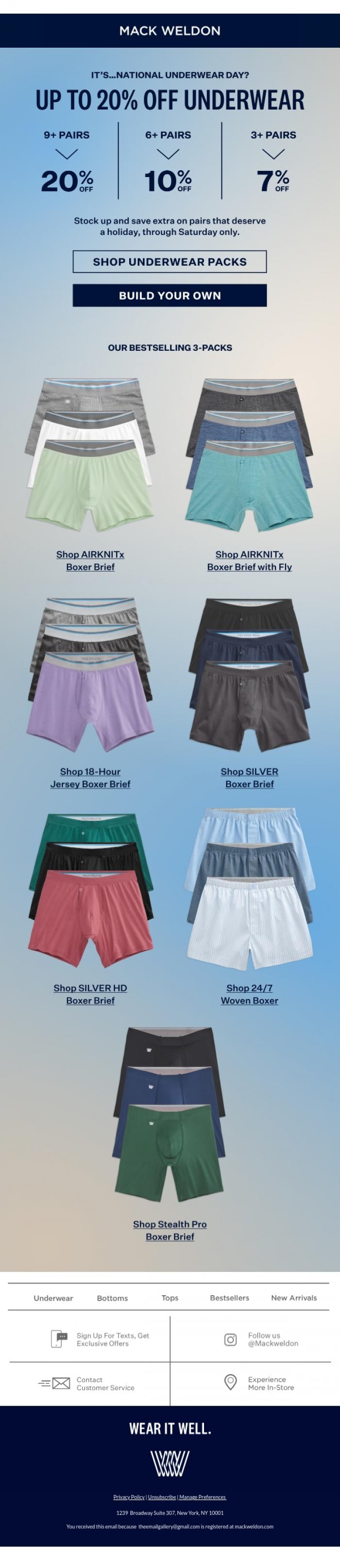 Email Design Inspiration from Mack Weldon, LIMITED TIME: Up to 20% off underwear.
