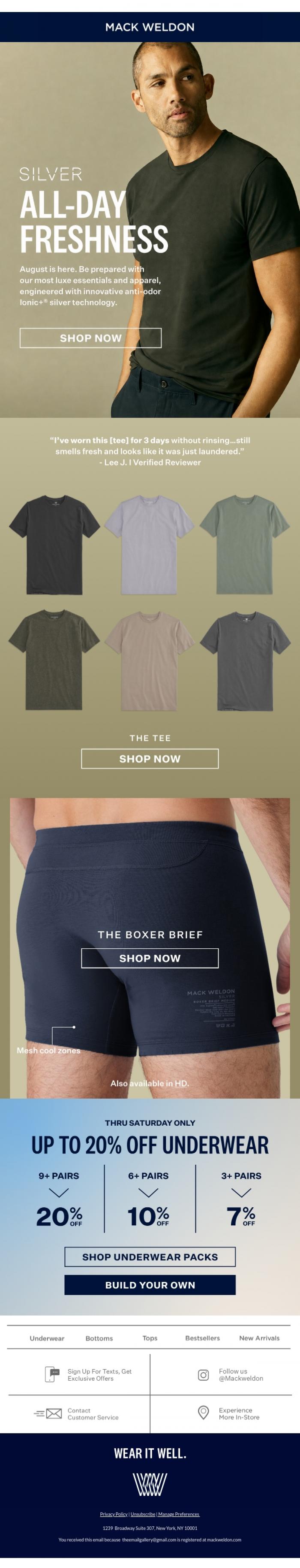 Email Design Inspiration from Mack Weldon, Summer basics that fight odor.