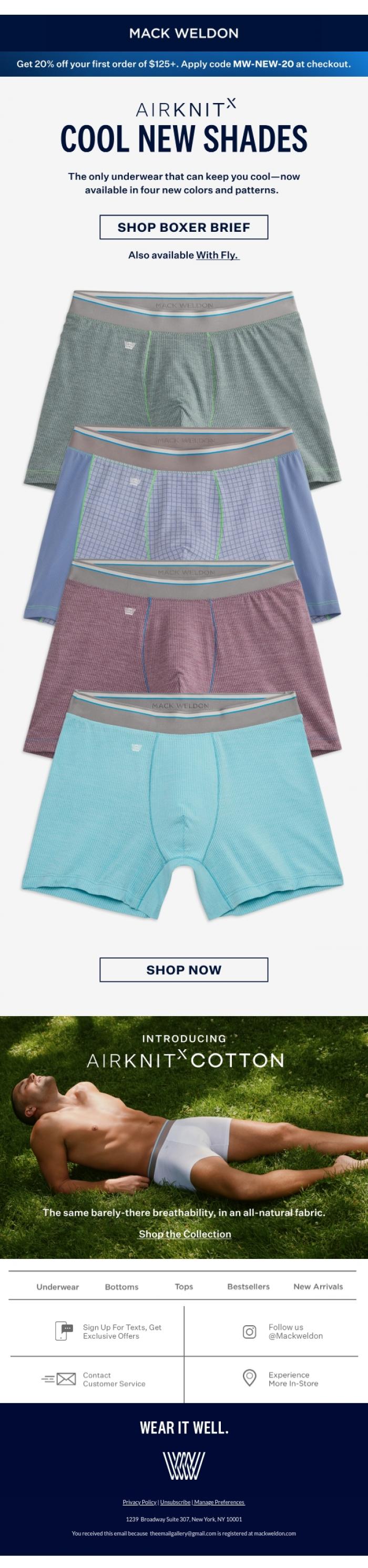 Email Design Inspiration from Mack Weldon, New color drop: AIRKNITx underwear.