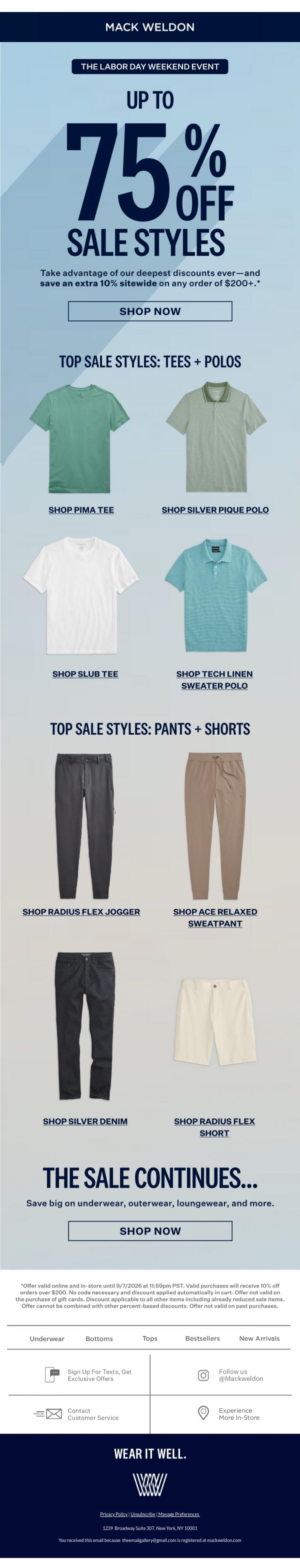 Email Design Inspiration from Mack Weldon, The Labor Day Sale: Up to 75% off.