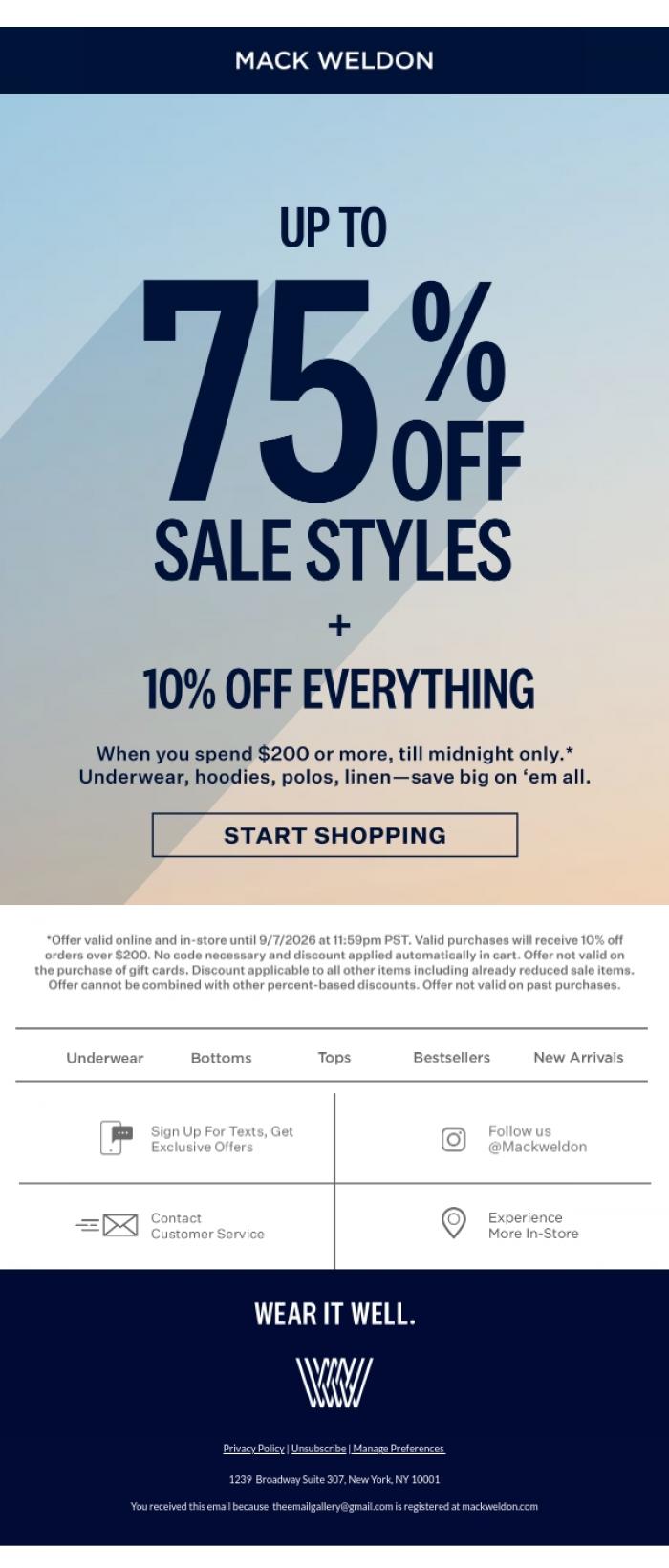 Email Design Inspiration from Mack Weldon, LAST CHANCE: Up to 75% off.