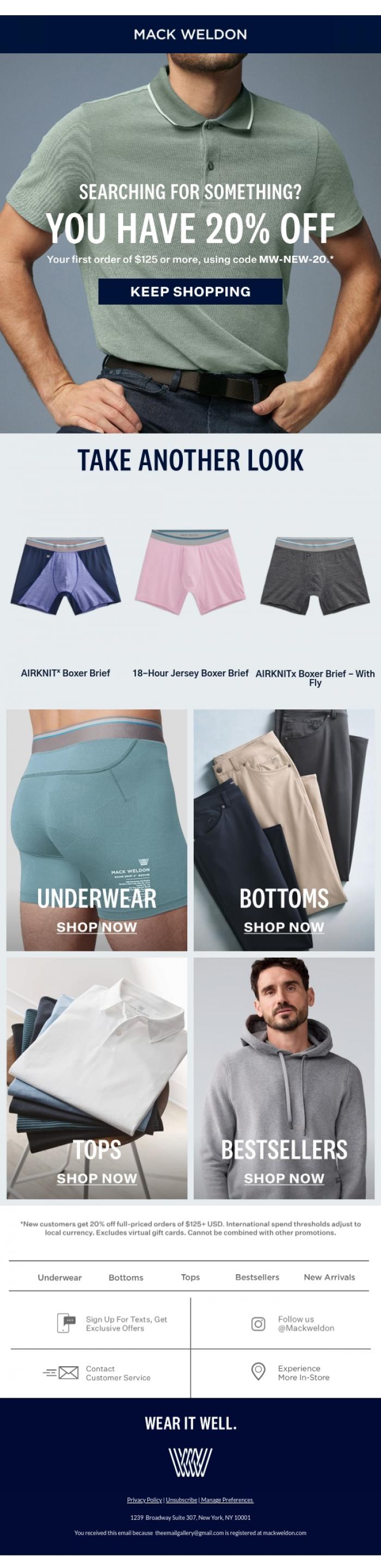 Email Design Inspiration from Mack Weldon, Hey: There's 20% off in here.