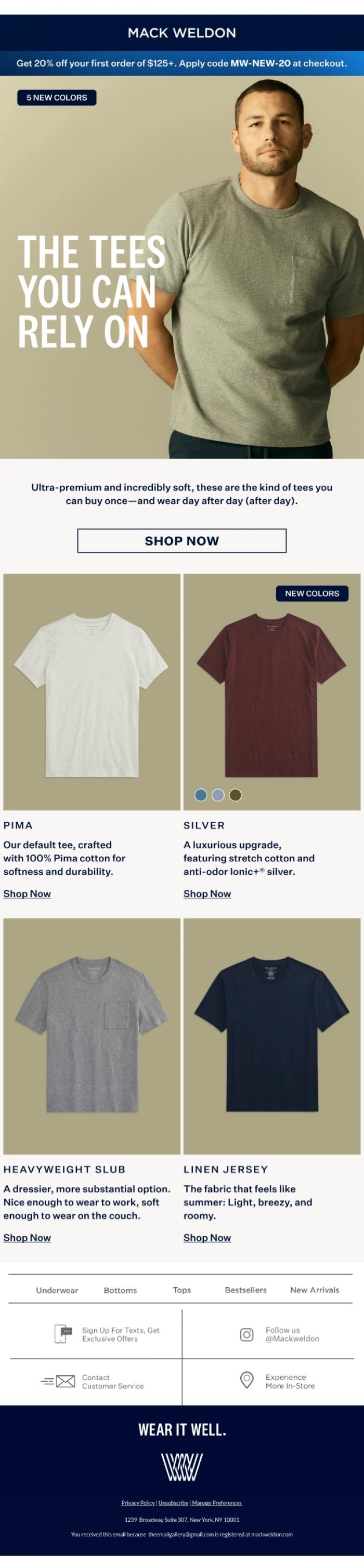 Email Design Inspiration from Mack Weldon, Save this email: It's got all your tees.