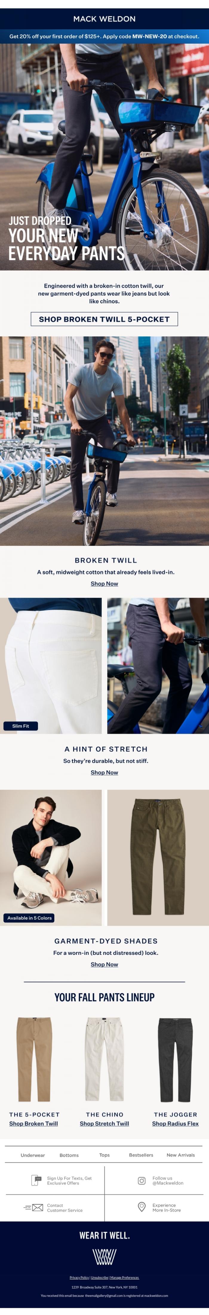 Email Design Inspiration from Mack Weldon, NEW: Nicer than jeans. Softer than chinos.