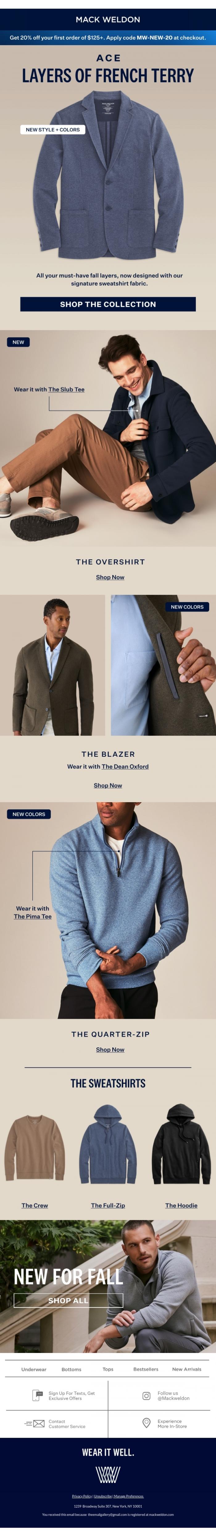 Email Design Inspiration from Mack Weldon, New ACE colors: Blazer, Overshirt & more