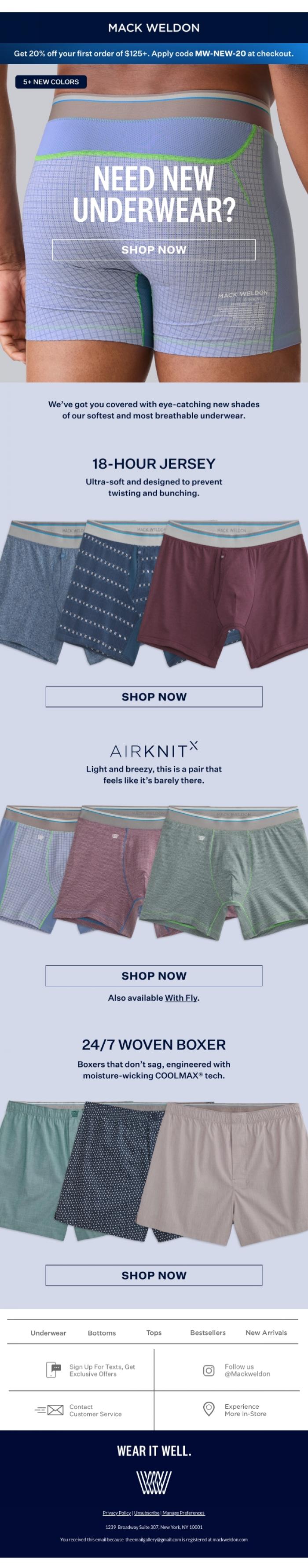 Email Design Inspiration from Mack Weldon, NEW COLORS: Cooling underwear.