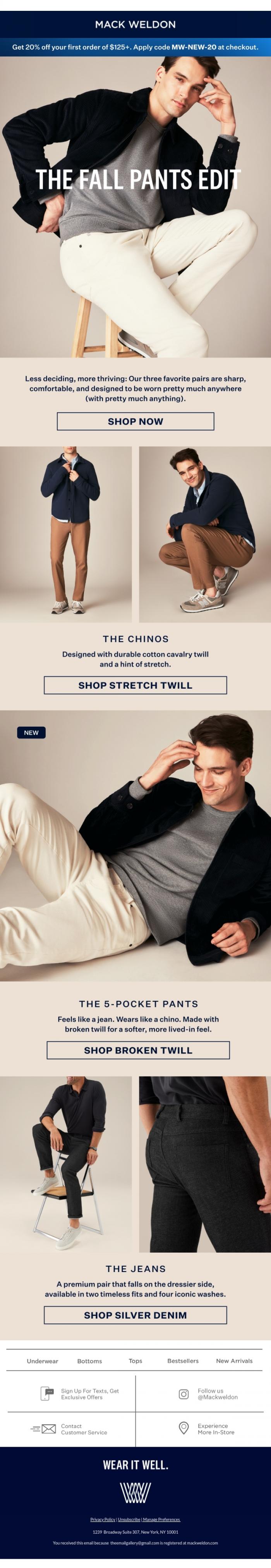 Email Design Inspiration from Mack Weldon, Three pants. All season long.
