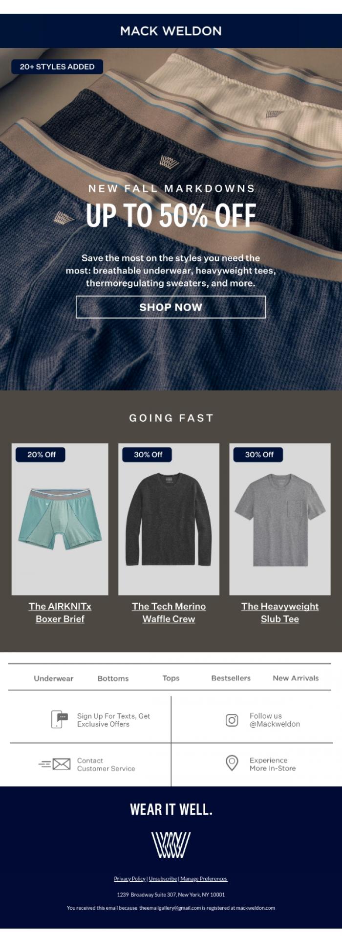 Email Design Inspiration from Mack Weldon, Up to 50% off NEW sale styles.