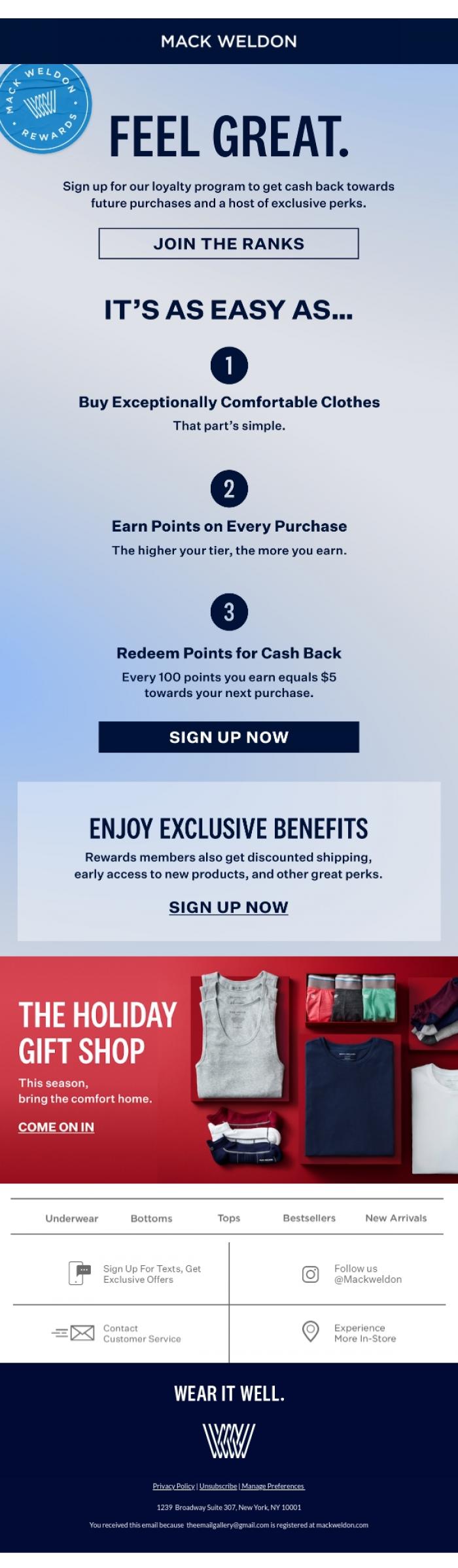 Email Design Inspiration from Mack Weldon Rewards, Buy gifts. Get cash back. Repeat.