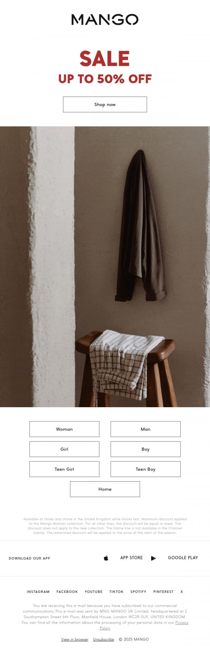 Email Design Inspiration from MANGO, Up to 50% off in the Sale. Don't forget 🤩