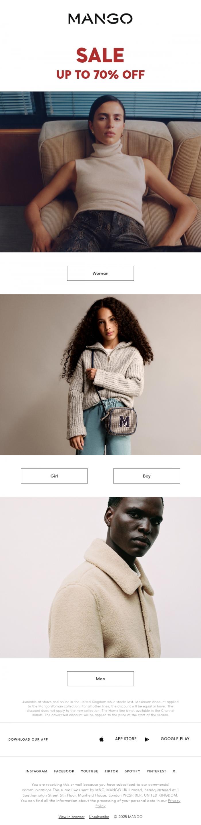Email Design Inspiration from MANGO, The Sale continues, now up to 70% off 🎊
