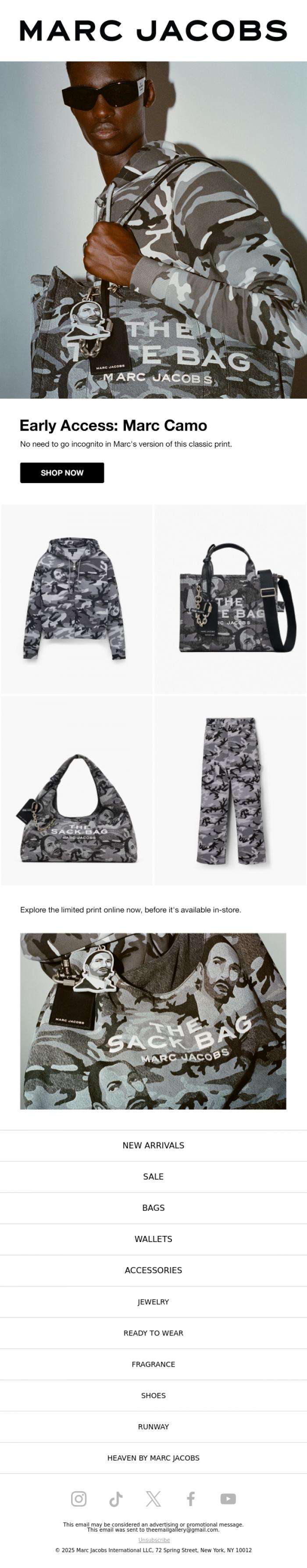 Email Design Inspiration from MARC JACOBS, Exclusive Early Access: Introducing "Marc Camo"