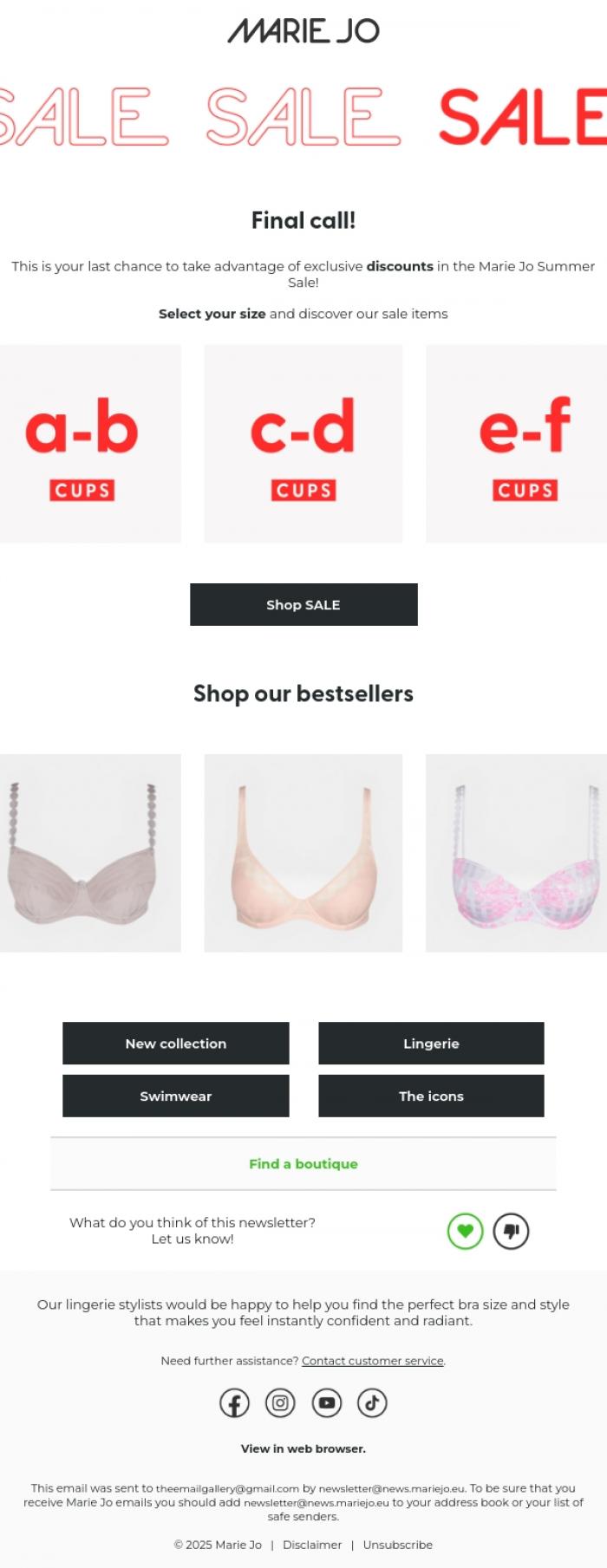 Email Design Inspiration from Marie Jo, Last chance to shop your size in our SALE!