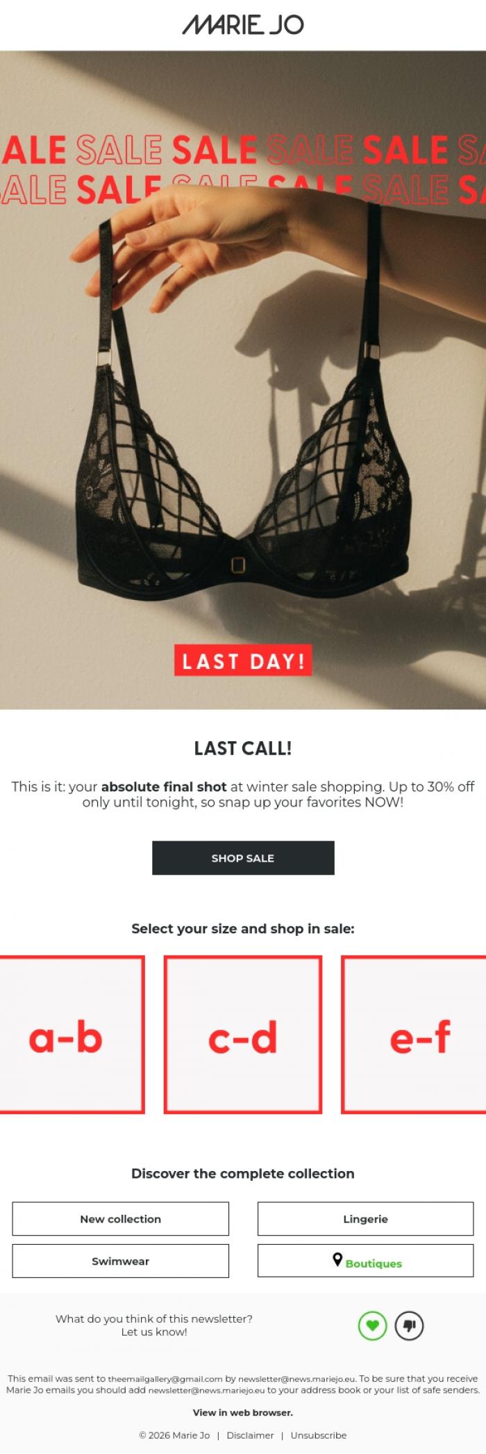 Email Design Inspiration from Marie Jo, Time's up. Winter sale ends tonight.