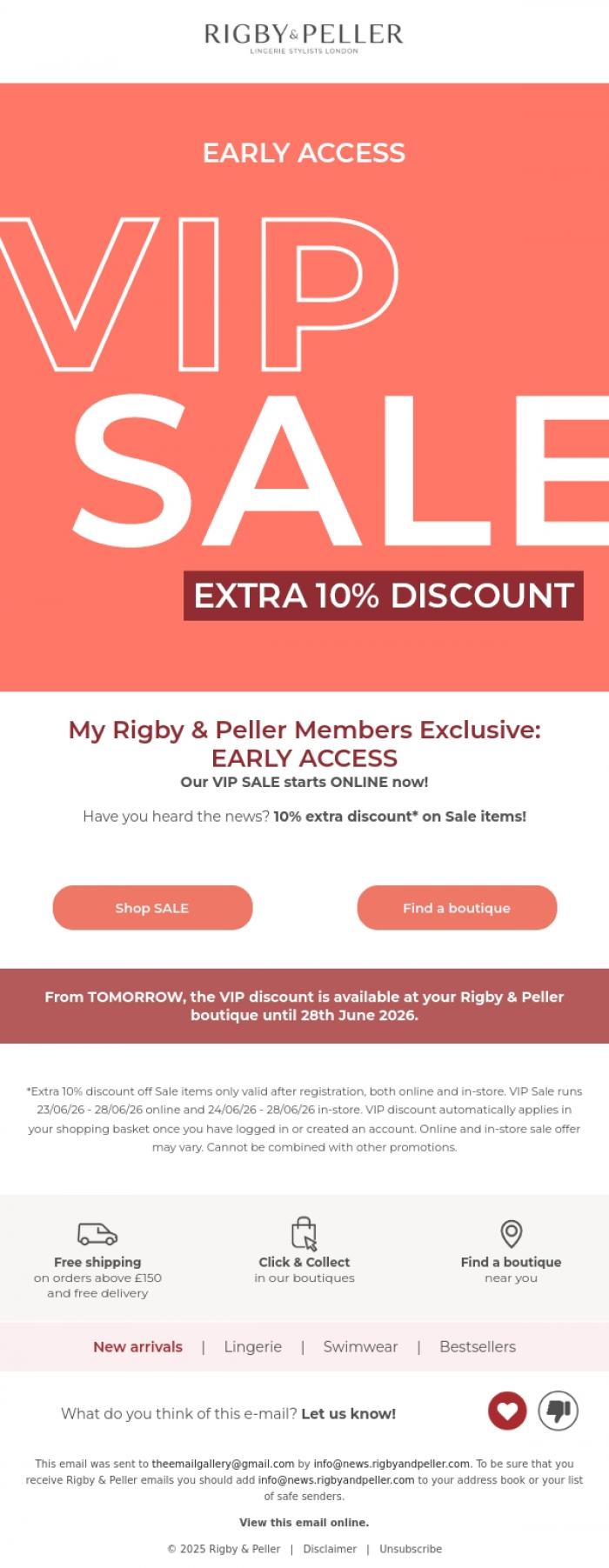 Email Design Inspiration from Marie Jo, VIP SALE starts online now! | 10% EXTRA discount 💥
