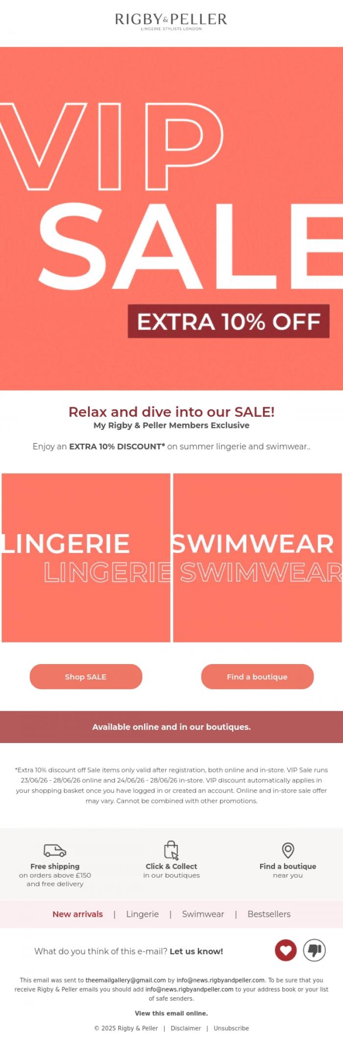 Email Design Inspiration from Marie Jo, VIP SALE | Extra 10% discount on lingerie & swimwear 👙