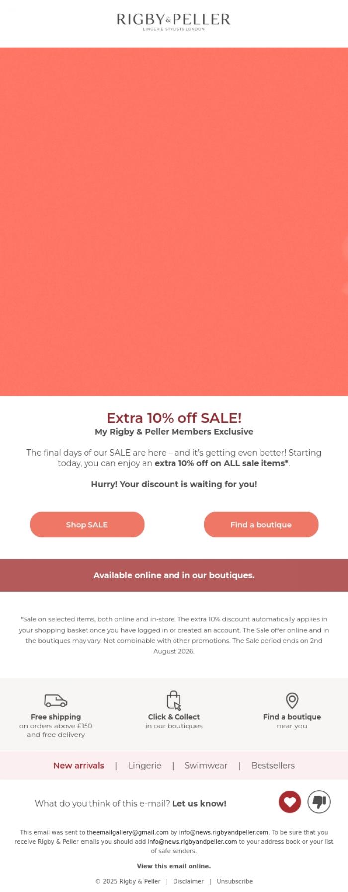 Email Design Inspiration from Marie Jo, Extra 10% off SALE starts today! 💥
