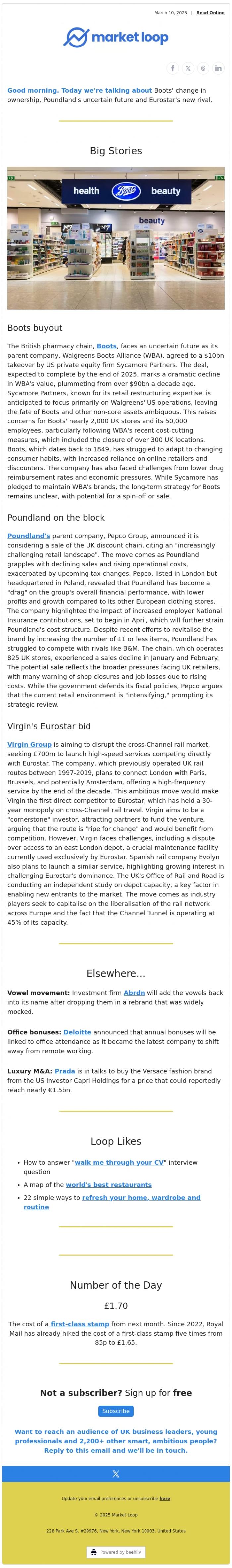 Email Design Inspiration from Market Loop, Business and finance update 10th March 2025