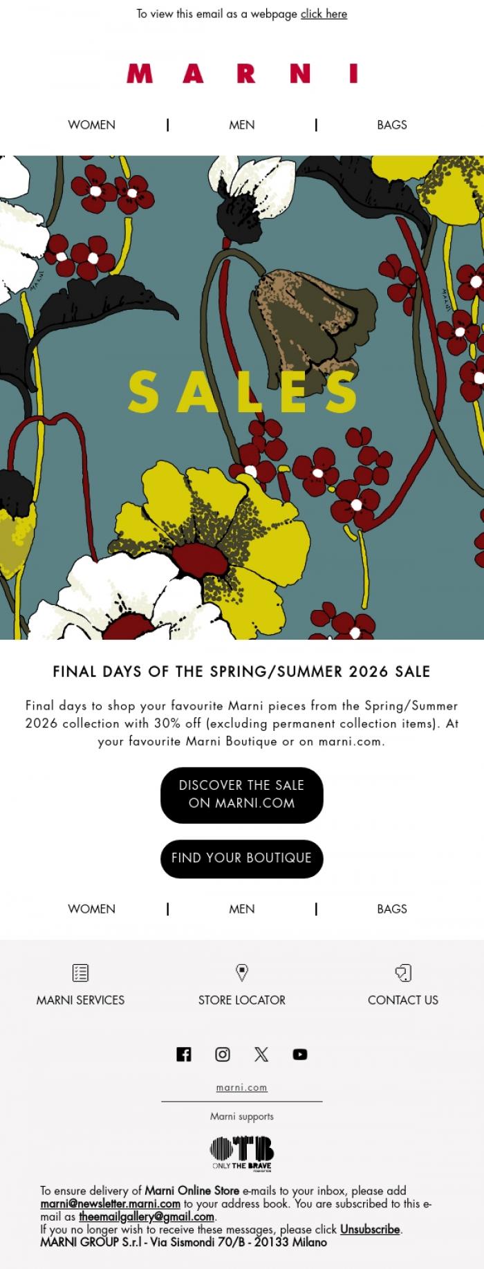 Email Design Inspiration from MARNI, Final days of the Spring/Summer 2026 Sale