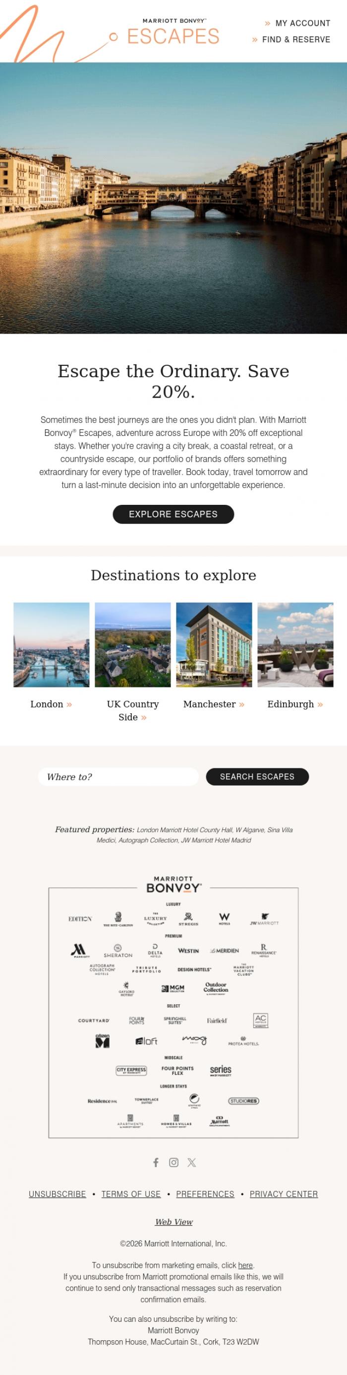 Email Design Inspiration from Marriott Bonvoy, From city breaks to coastal escapes - save 20% on last-minute bookings.