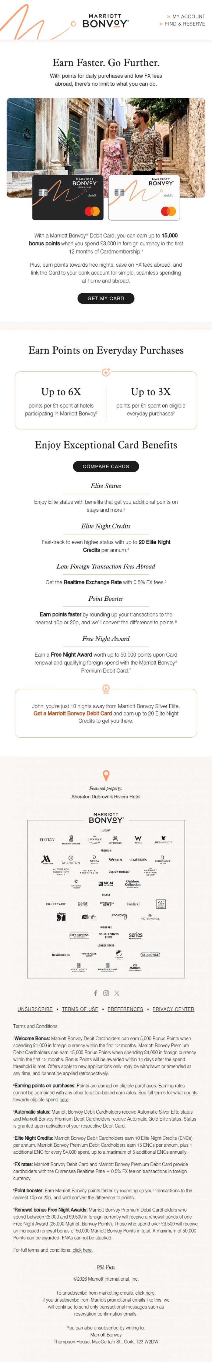 Email Design Inspiration from Marriott Bonvoy, Get up to 15K Points and Low FX Fees