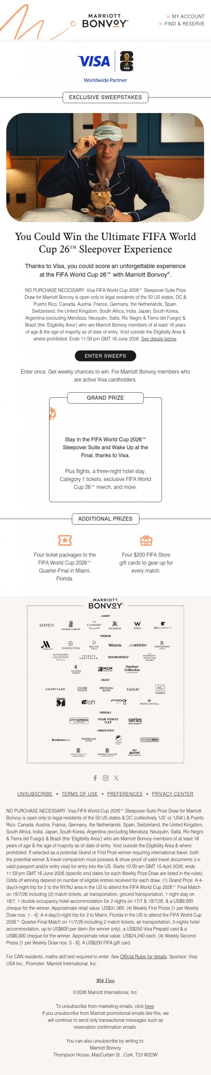Email Design Inspiration from Marriott Bonvoy, Thanks to Visa, Your Chance to Win the Ultimate FIFA World Cup 26&trade; Sleepover Experience! 🏆