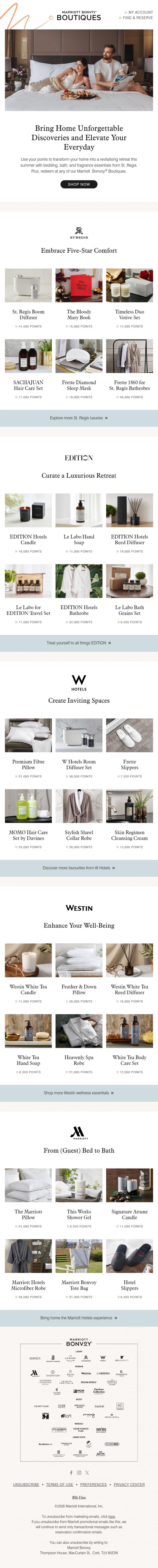 Email Design Inspiration from Marriott Bonvoy, Redeem Your Points for Best-Selling Bedding, Bath, Fragrance, and More!