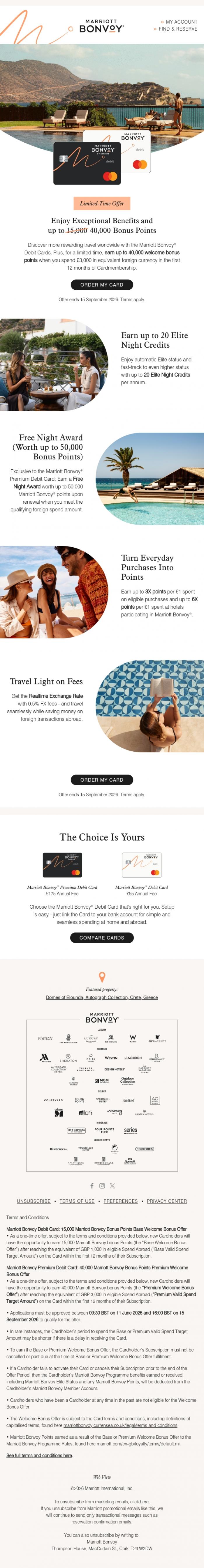 Email Design Inspiration from Marriott Bonvoy, Limited-Time Offer: Earn up to 40,000 Bonus Points