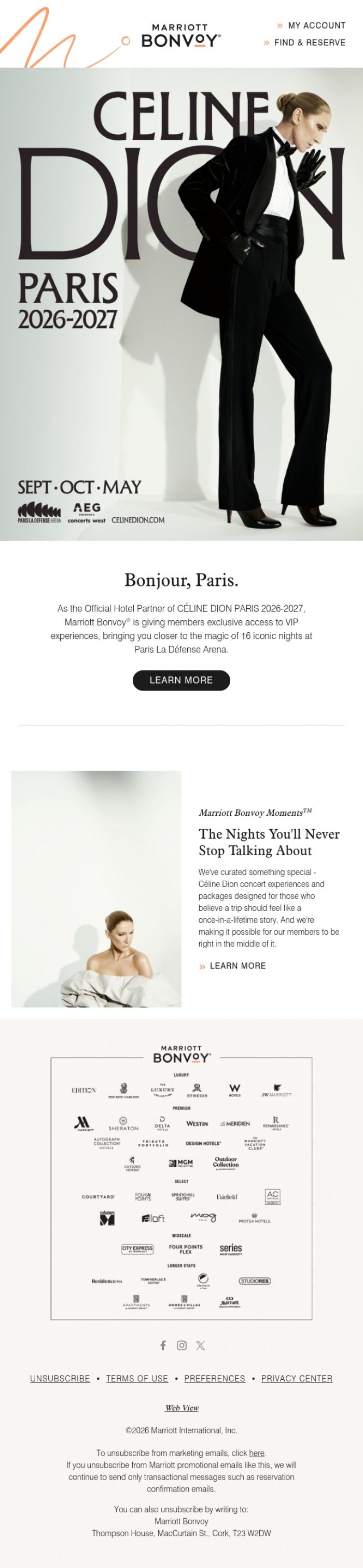 Email Design Inspiration from Marriott Bonvoy, Your VIP access to CÉLINE DION PARIS 2026-2027 starts here