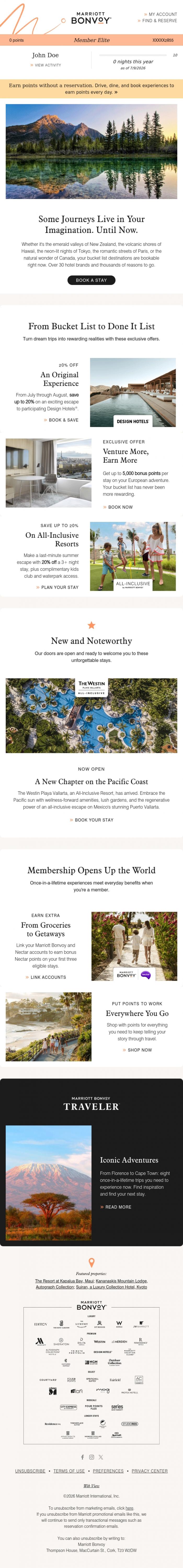 Email Design Inspiration from Marriott Bonvoy, John's Account Update: Your Bucket List Is Calling