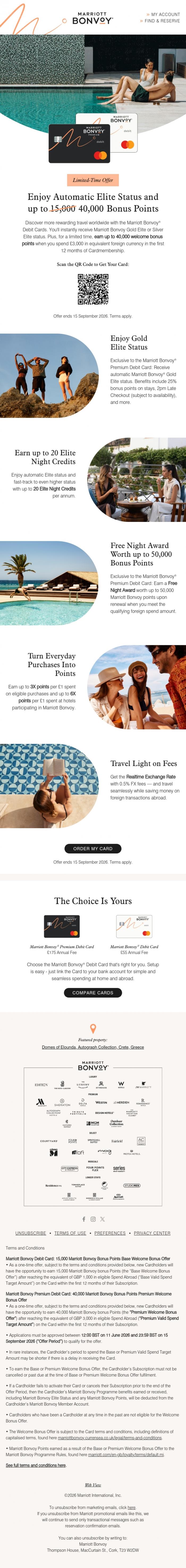 Email Design Inspiration from Marriott Bonvoy, Enjoy up to 40,000 Bonus Points and Automatic Elite Status