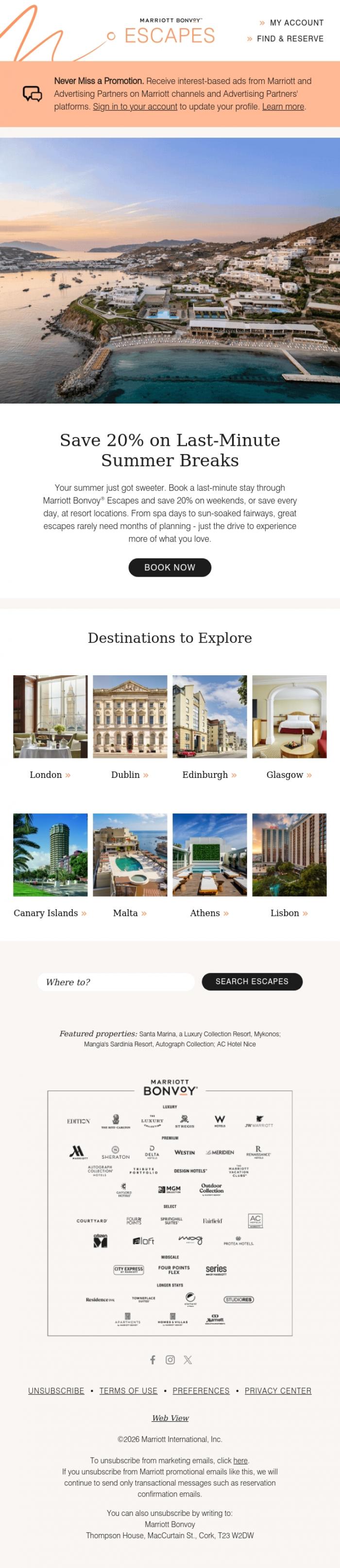 Email Design Inspiration from Marriott Bonvoy, Save 20% on your last-minute escape