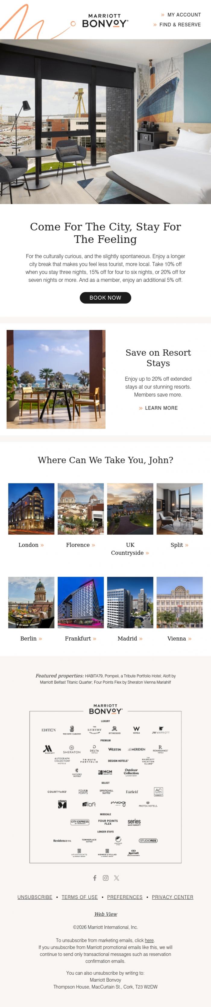 Email Design Inspiration from Marriott Bonvoy, Come For The City, Stay For The Feeling