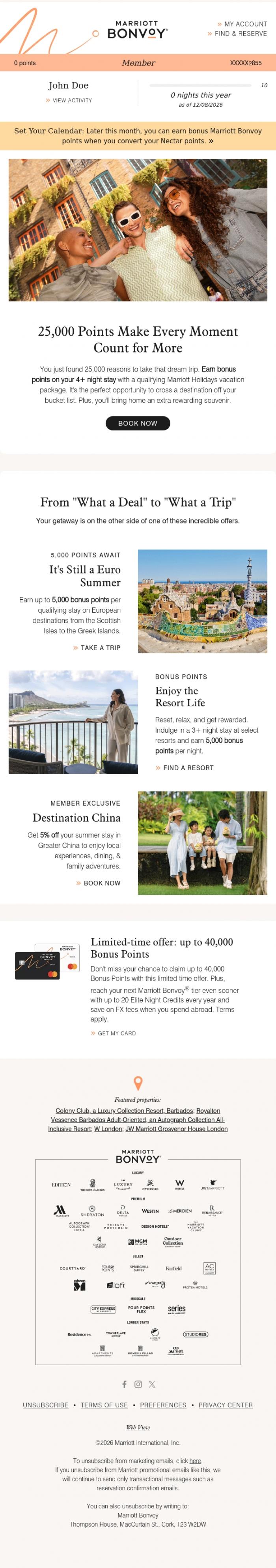 Email Design Inspiration from Marriott Bonvoy, John's Account Update: 25,000 Points Await