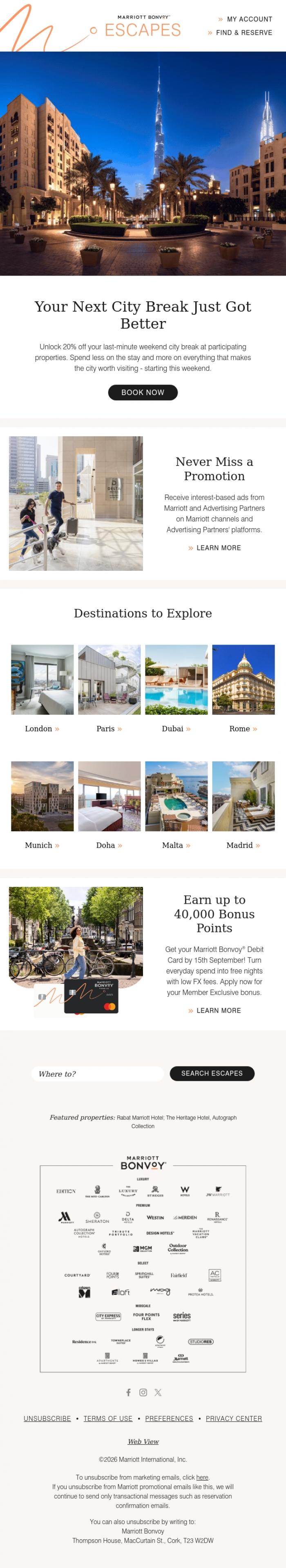 Email Design Inspiration from Marriott Bonvoy, Member savings. Fewer reasons to stay home.