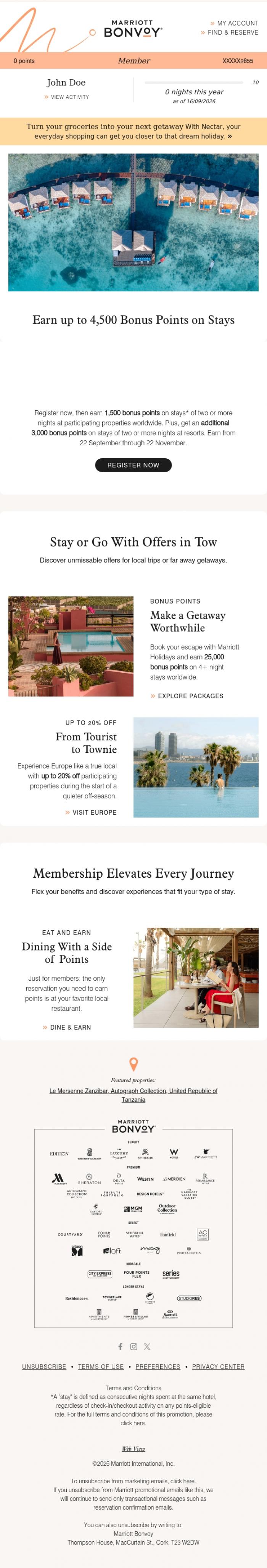 Email Design Inspiration from Marriott Bonvoy, John's Account Update: 4,500 Points are Waiting