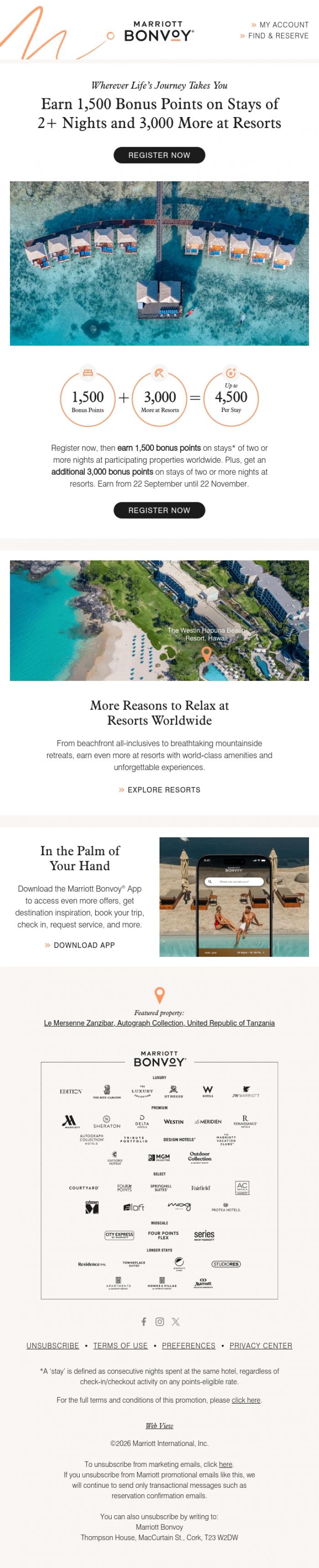 Email Design Inspiration from Marriott Bonvoy, Start Earning Now: Get up to 4,500 Bonus Points per Stay.