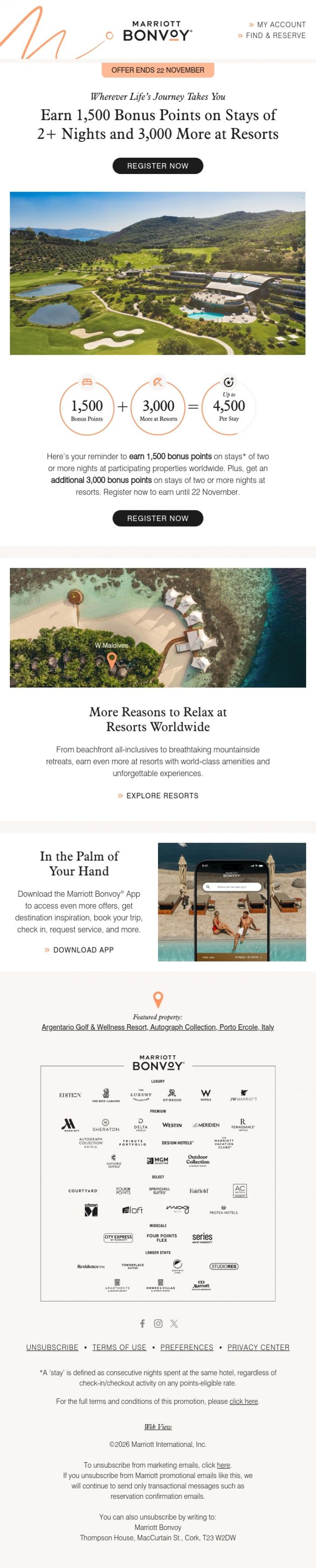 Email Design Inspiration from Marriott Bonvoy, Start Earning Now: Get up to 4,500 Bonus Points per Stay.