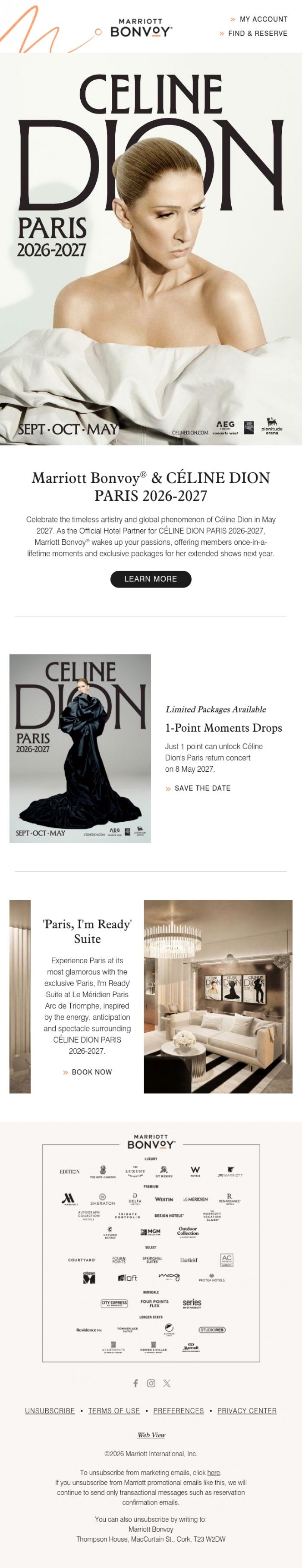 Email Design Inspiration from Marriott Bonvoy, Access to CELINE DION PARIS 2026-2027 extended residency