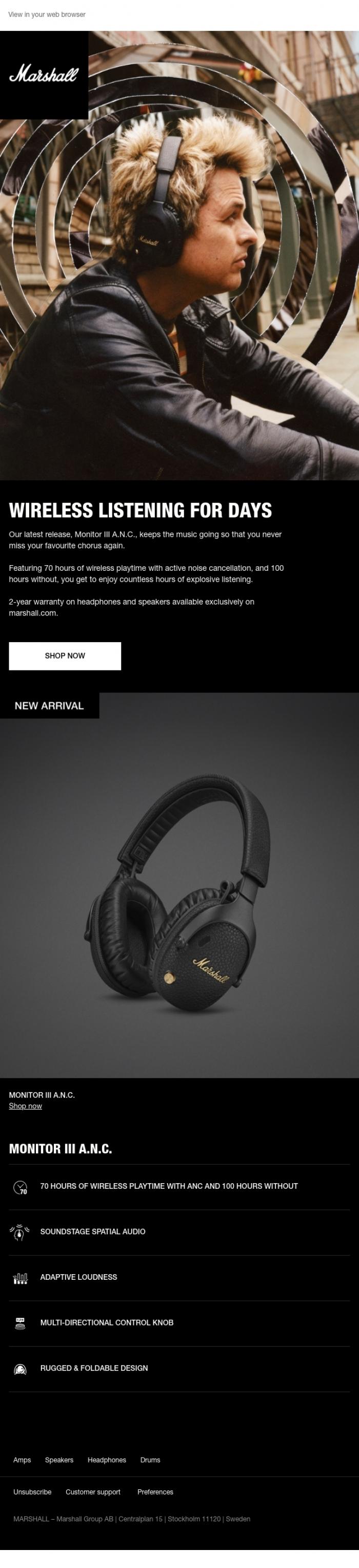 Email Design Inspiration from Marshall, Monitor III A.N.C. is out now