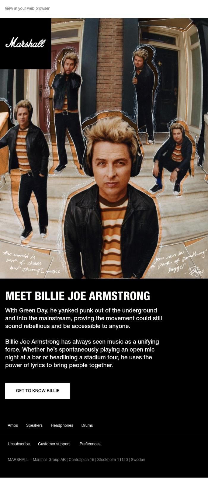 Email Design Inspiration from Marshall, Introducing our new ambassador: Billie Joe Armstrong