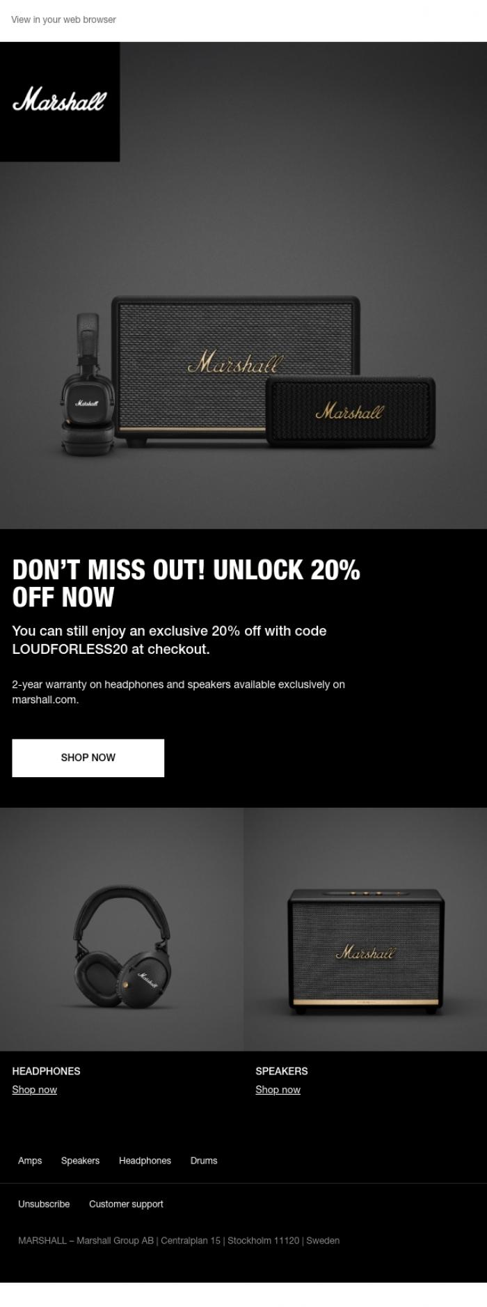 Email Design Inspiration from Marshall, Don't miss out! Get 20% off