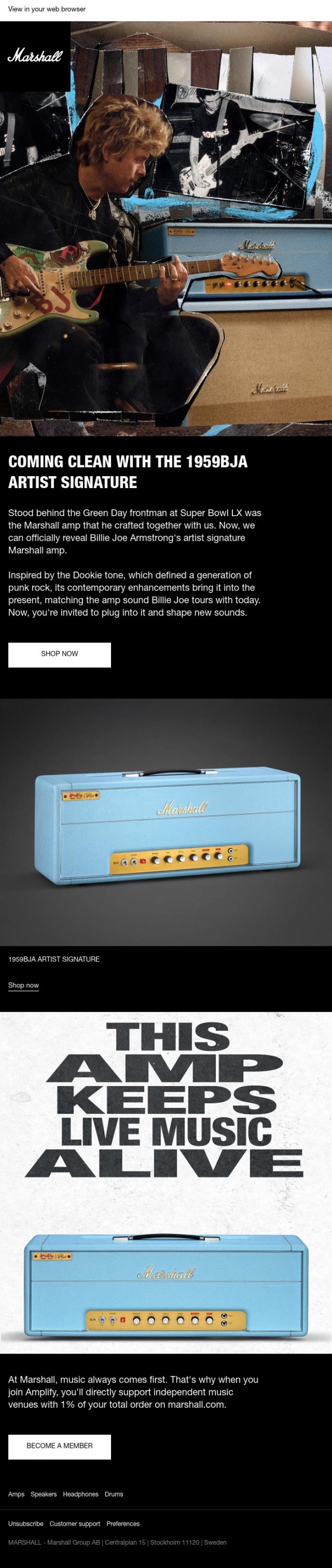 Email Design Inspiration from Marshall, We've developed something with Billie Joe Armstrong