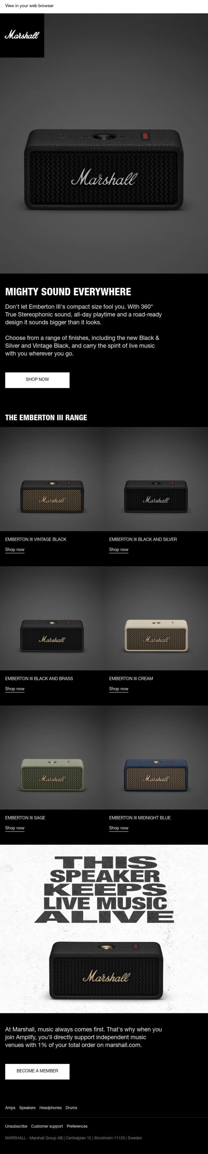 Email Design Inspiration from Marshall, Compact never sounded so big