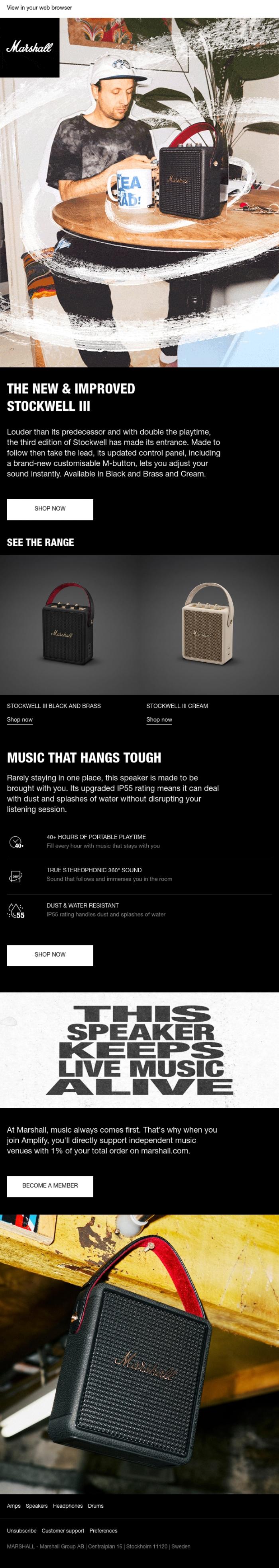 Email Design Inspiration from Marshall, The compact portable speaker with big updates
